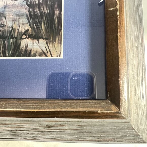 Vtg White Heron Egret Bird Print Framed Wall Art Rustic Wood Frame Blue Matte - Picture 6 of 12